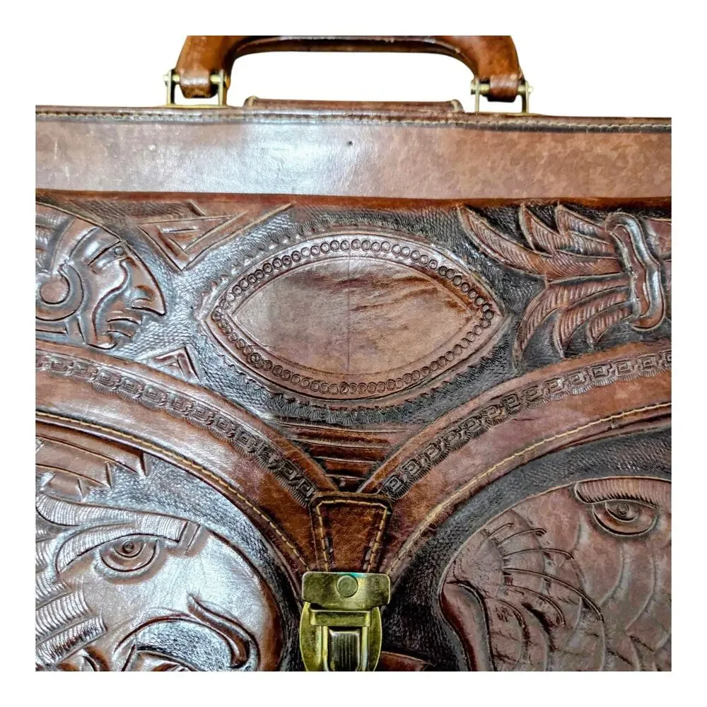 Vintage Mexican Hand Tooled Leather Briefcase Aztec Warrior Eagle Calendar Brown